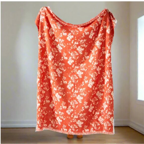 Anthropologie Chenille Cotton Throw Blanket Large Orange Oblong Eco Plush Fringe - Picture 1 of 4